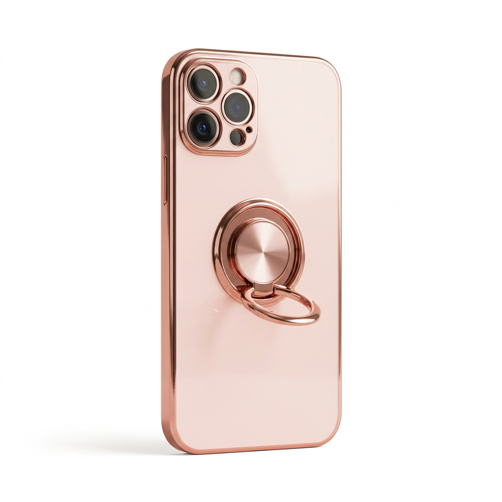 Rose gold electroplated iPhone case with ring holder on a white background