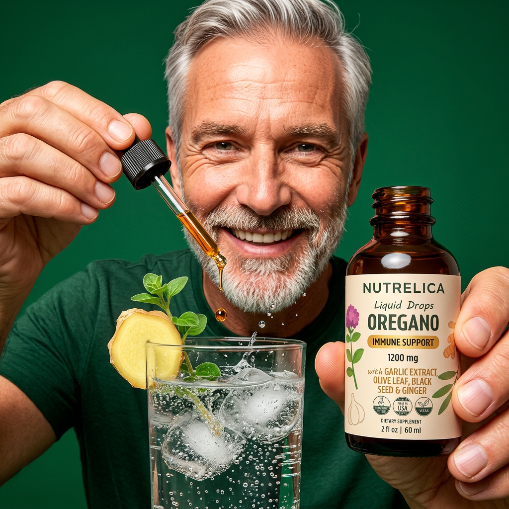 A smiling person adding Oregano Oil drops to a glass of sparkling water