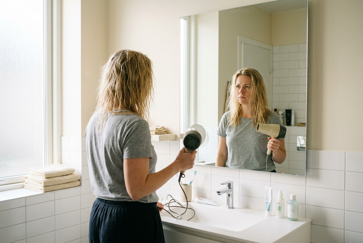 Kvinne foran badespeilet en travel morgen med frizzete, halvvått hår og en gammel føner i hånden