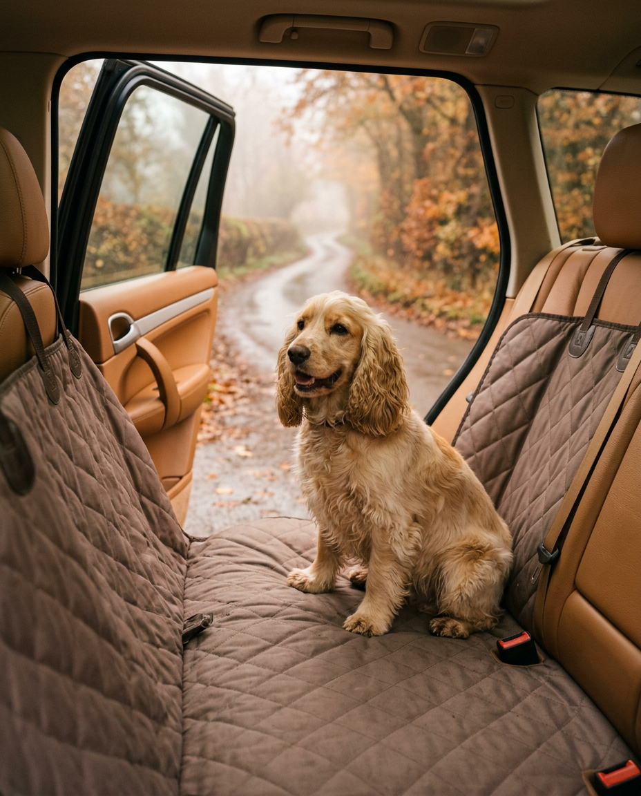 A cocker spaniel sitting calmly on a quilted seat cover on the back seat of a car