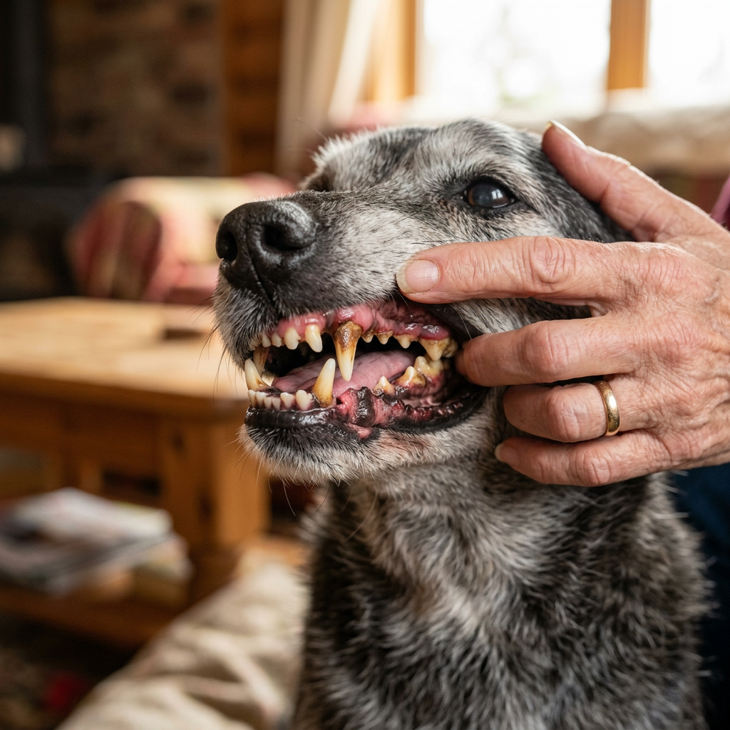 Prima: denti di un cane senior con tartaro marrone lungo la gengiva e gengive irritate
