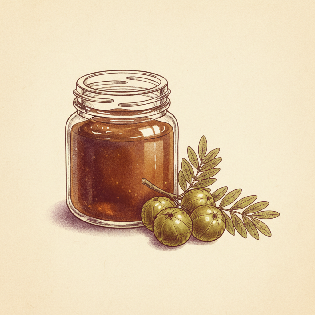 Botanical engraving of a jar of Chyavanprash with amla fruits