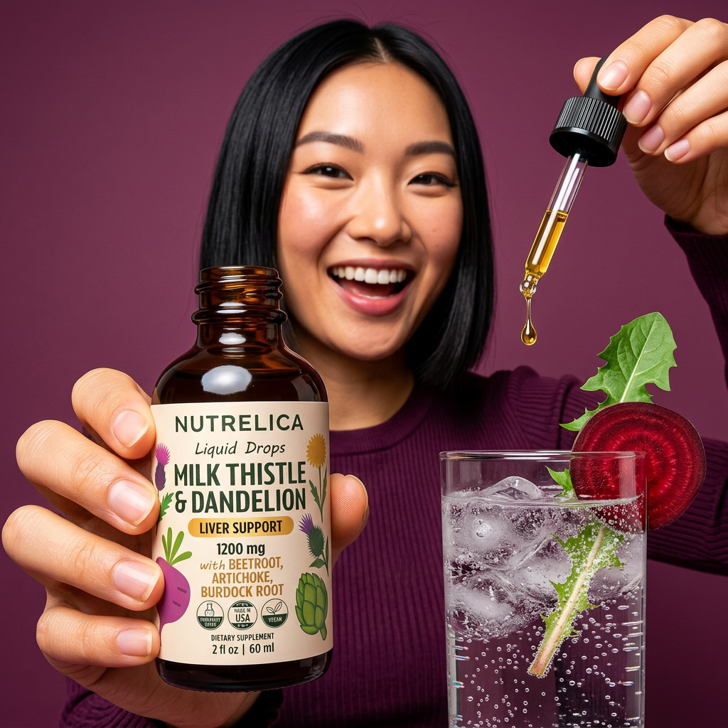 A smiling person adding Milk Thistle & Dandelion drops to a glass of sparkling water