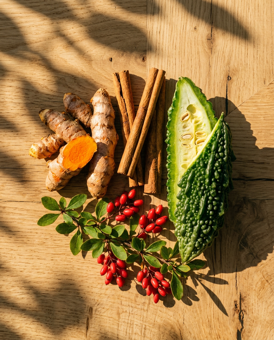 The whole botanicals inside Berberine on a sunlit oak table
