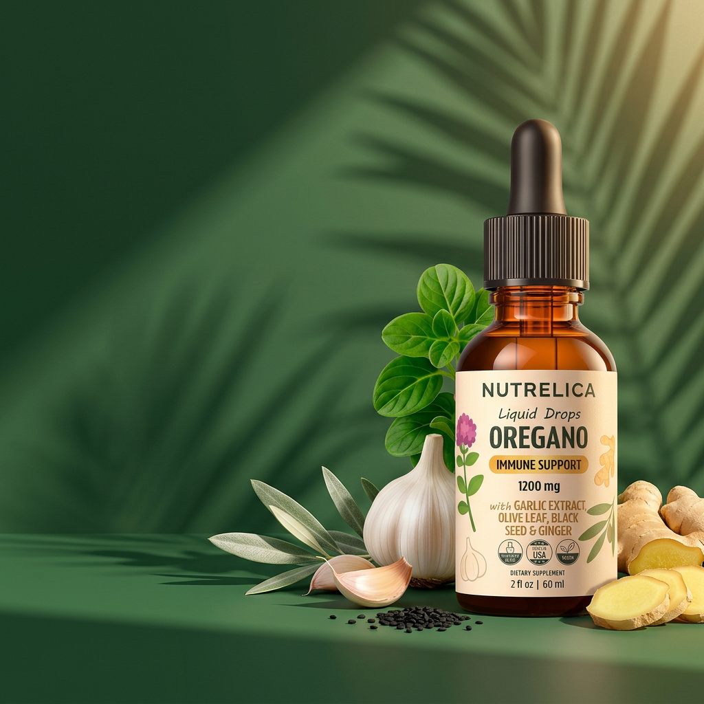 Oregano Oil with Garlic Extract, Olive Leaf, Black Seed Oil & Ginger bottle on a sunlit backdrop with its botanicals