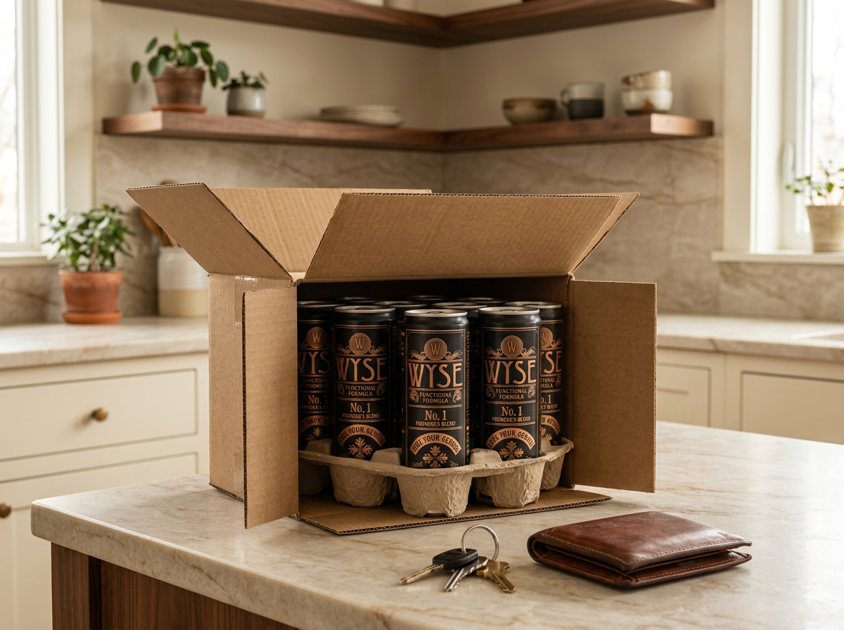 An opened shipping box of Wyse Founders Blend cans on a kitchen counter