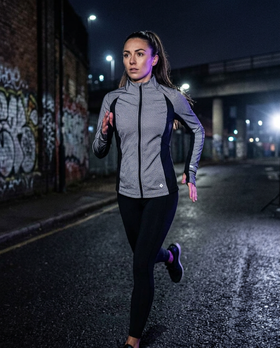 Female runner at night in the Ronhill Tech Reflect Lux jacket