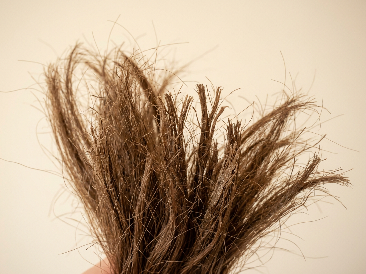 Nærbilde av tørre, varmeskadde hårtupper med frizz og splittede ender