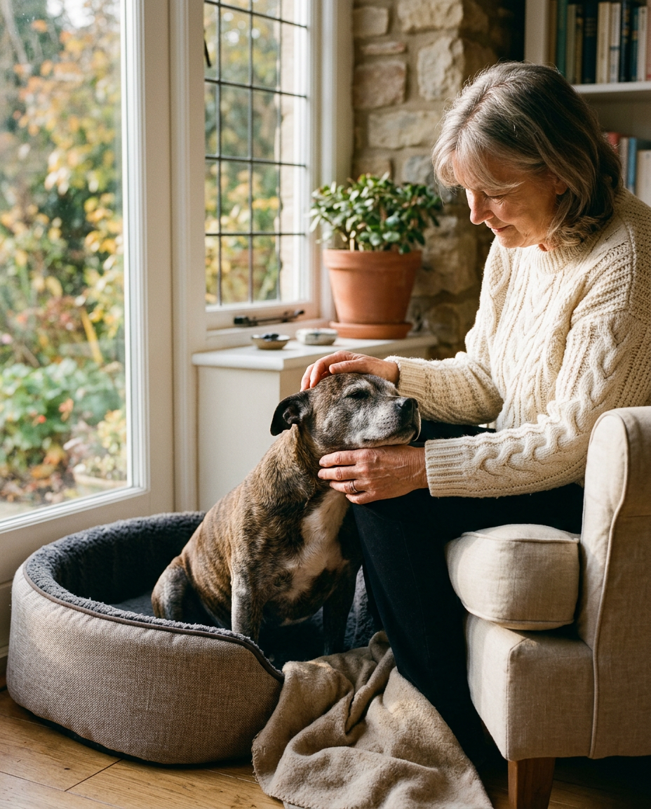 An older brindle dog resting its head on its owner's knee beside a low dog bed by the window