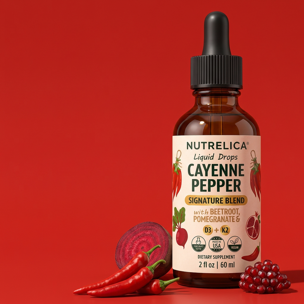 Cayenne Pepper with Beetroot, Pomegranate, Vitamin D3 & K2 bottle with its botanicals — zero sugar, zero alcohol, no pills