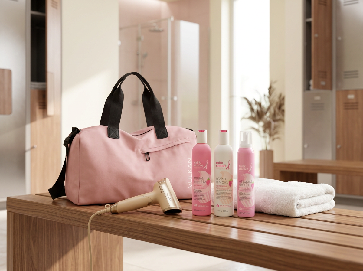 Make My Everyday-pakken med Vulkan Air, Make My Day-produktene og rosa treningsbag på en benk i garderoben