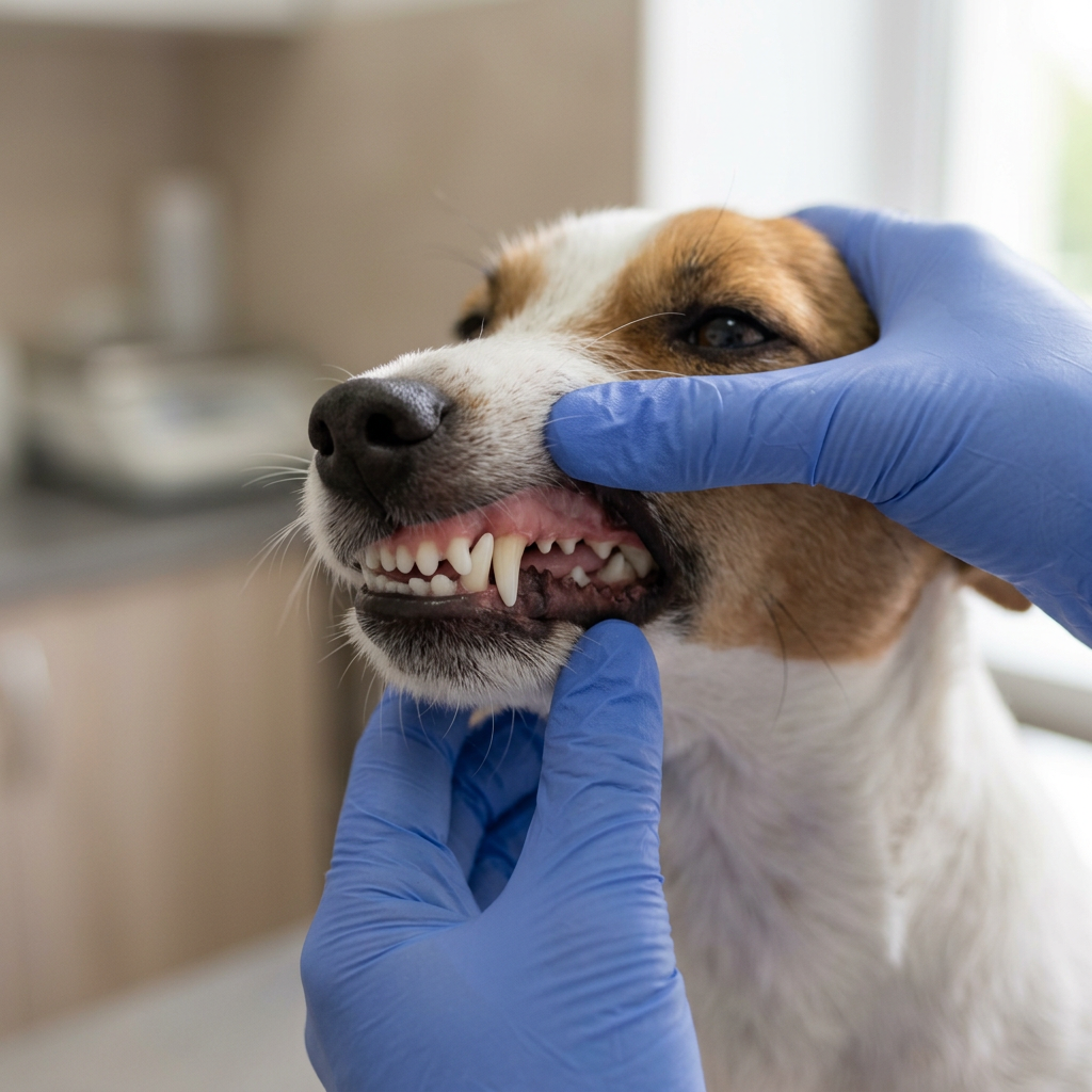Dopo: denti puliti e bianchi di un cane di piccola taglia con gengive rosa