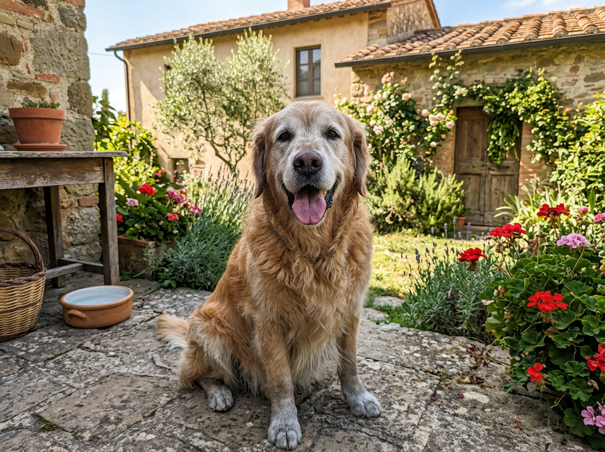Il golden retriever anziano di Anna e Paolo seduto al sole in giardino