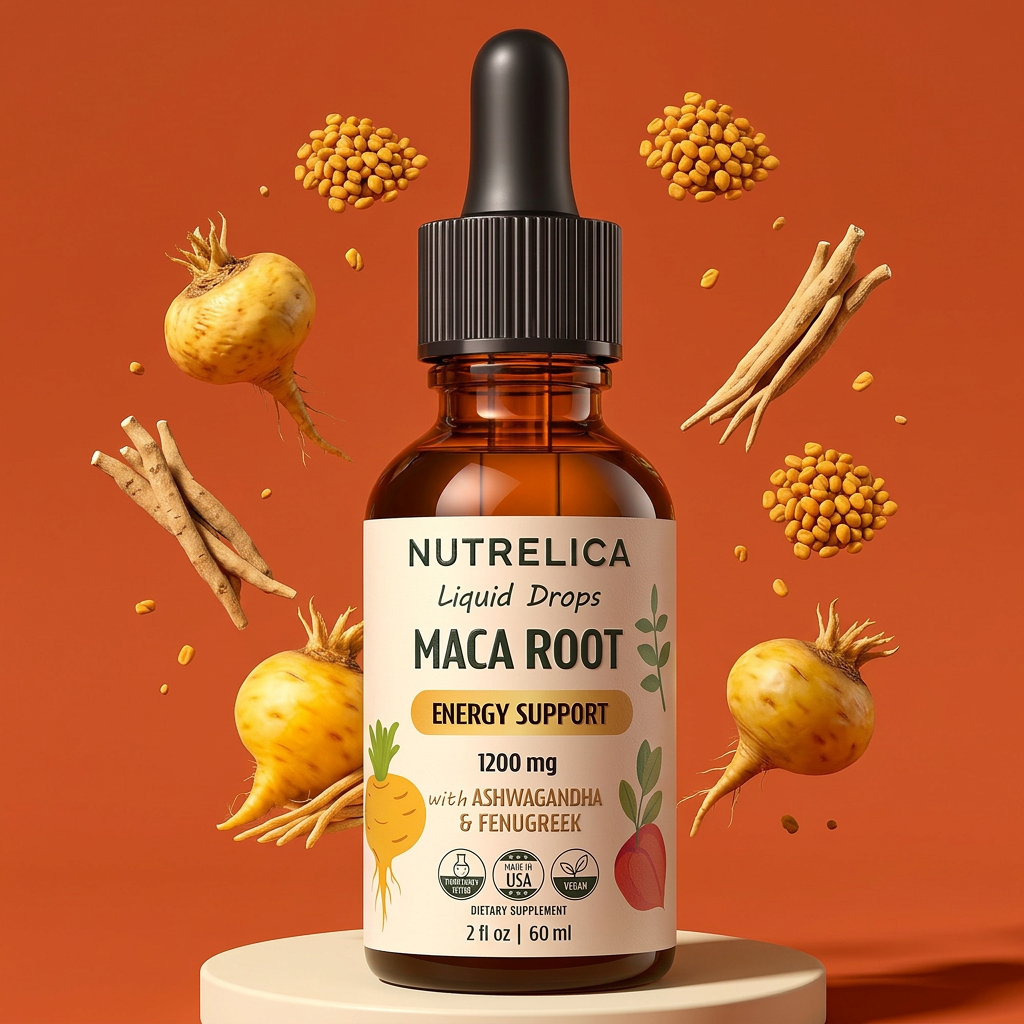 Maca Root with Ashwagandha & Fenugreek bottle on a pedestal surrounded by its botanicals