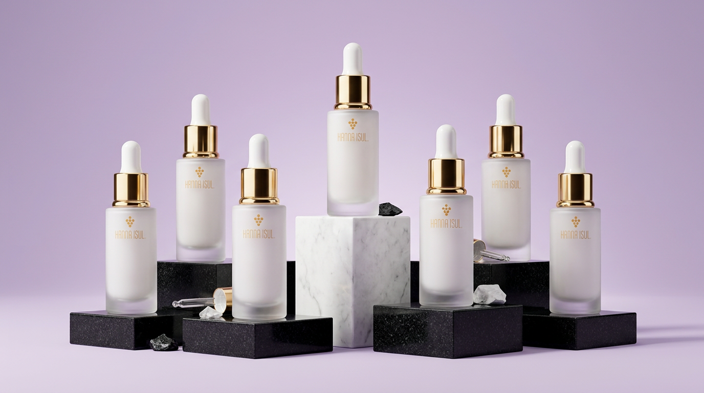 Hanna Isul professional skincare range displayed on stone plinths