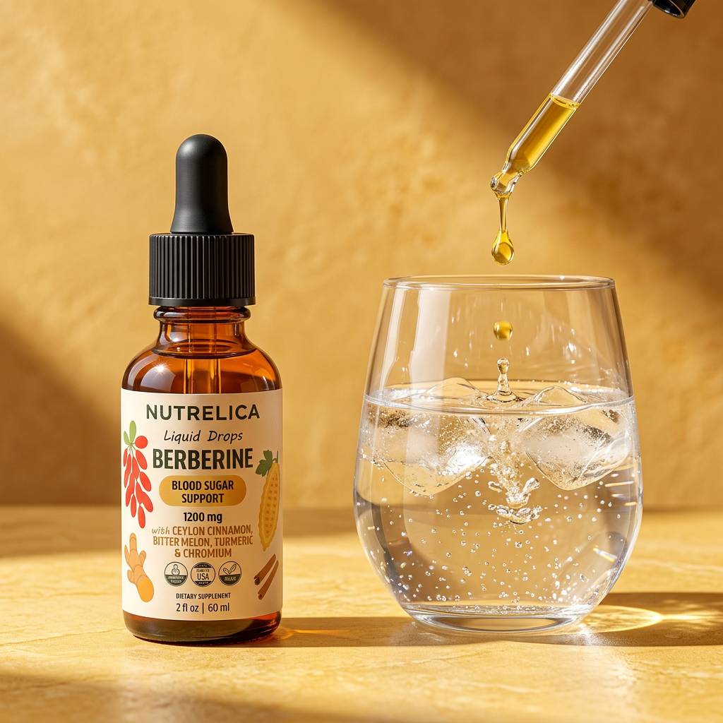 A drop of Berberine Liquid Formula with Ceylon Cinnamon, Bitter Melon, Turmeric & Chromium splashing into a glass of sparkling water