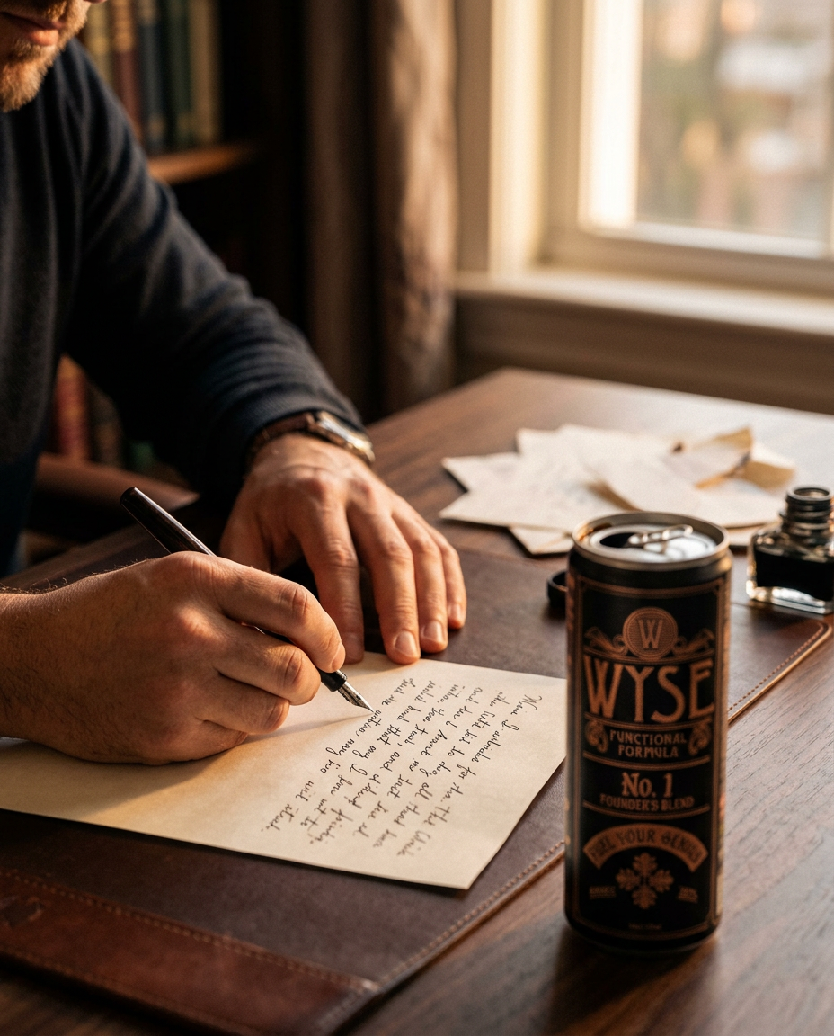 Scott Judd writing a handwritten note at his desk beside a Wyse can