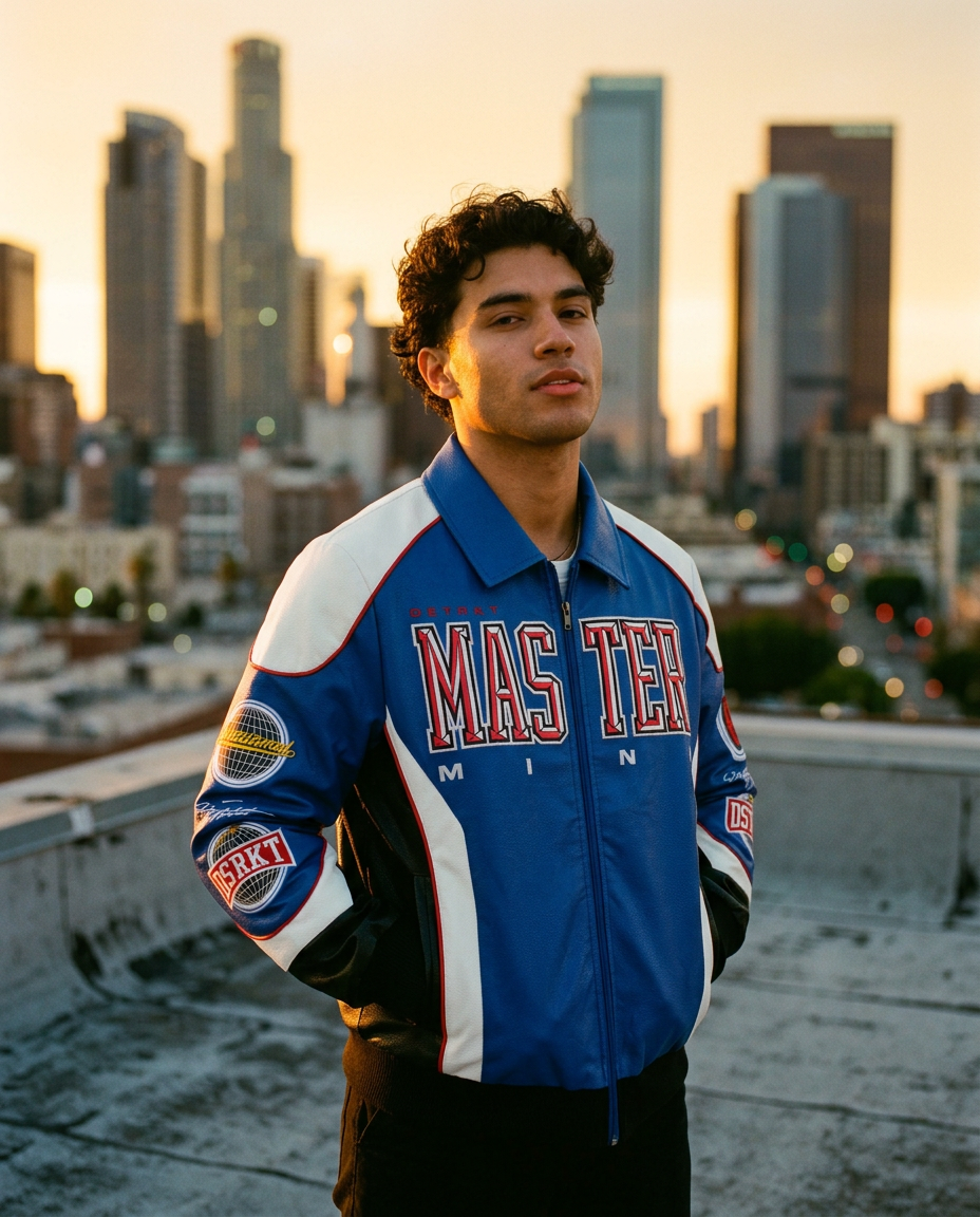 Man wearing a varsity jacket on a city rooftop at golden hour