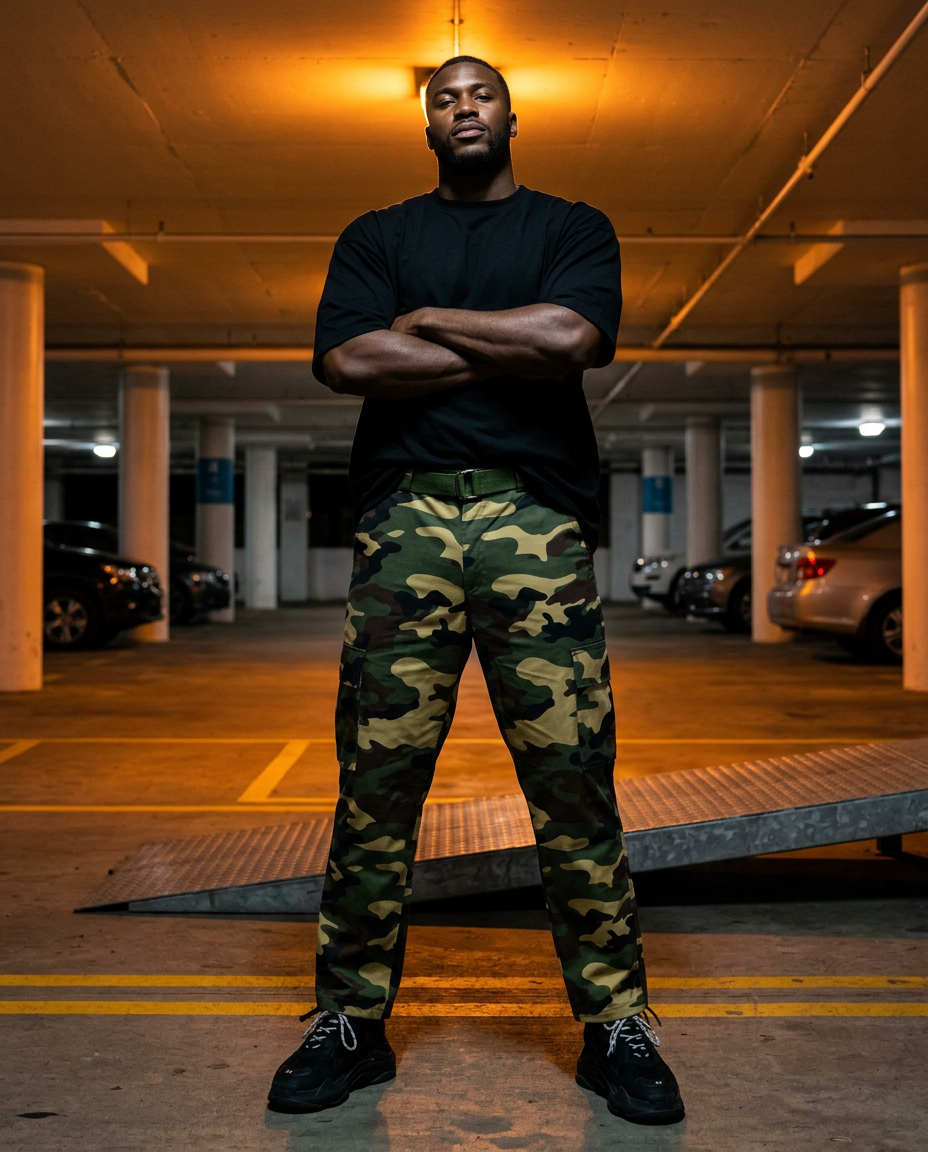 Big and tall man in camo cargo pants and an oversized black tee in a parking garage