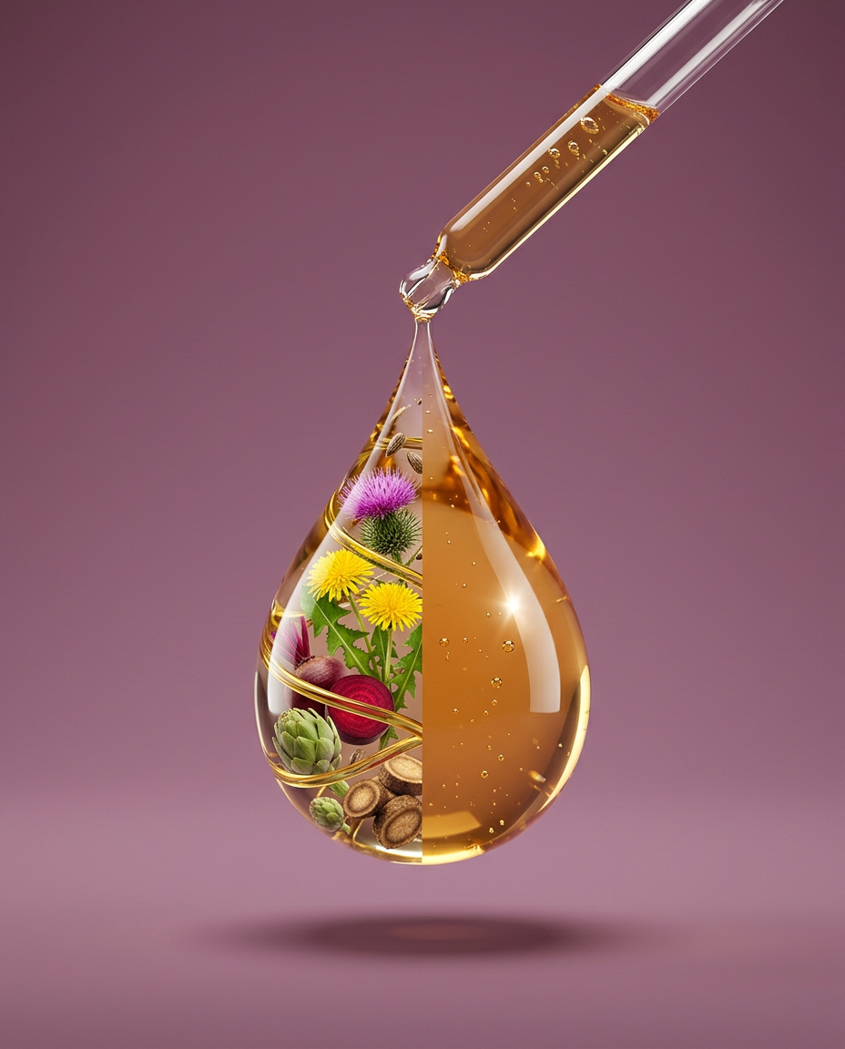 Glass dropper releasing a golden drop of Milk Thistle & Dandelion, half filled with its key ingredients