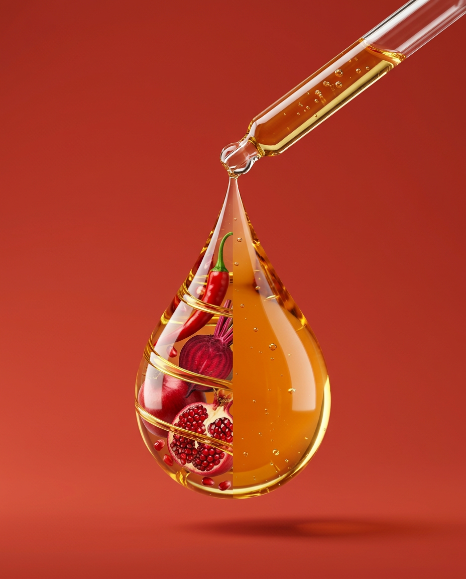 Glass dropper releasing a golden drop of Cayenne Pepper, half filled with its key ingredients