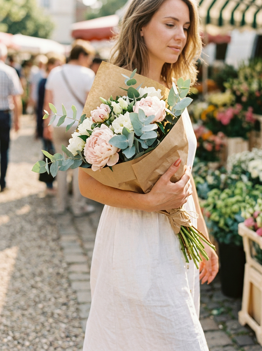 Vrouw met verzorgde polygel nagels houdt een boeket pioenrozen vast op een zonnige bloemenmarkt