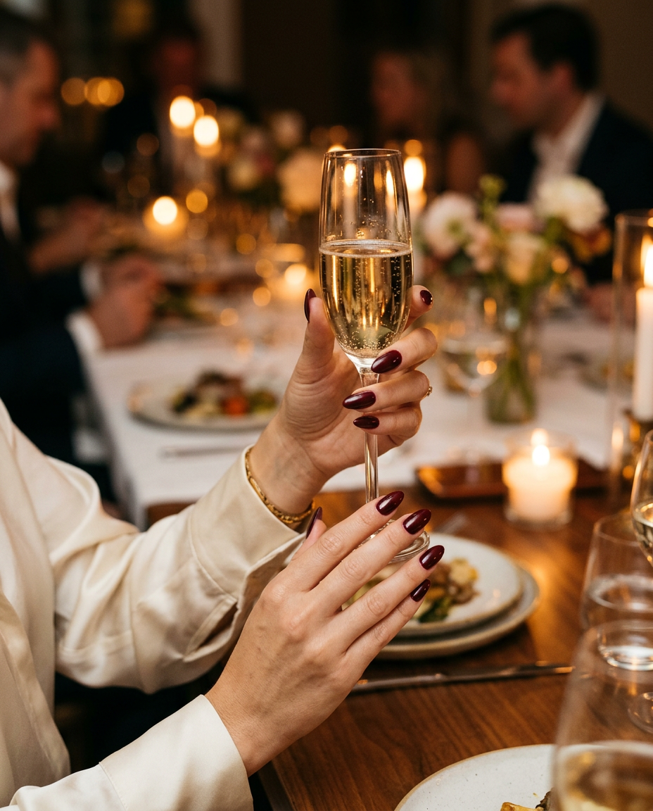 Handen met bordeauxrode polygel nagels en een glas champagne