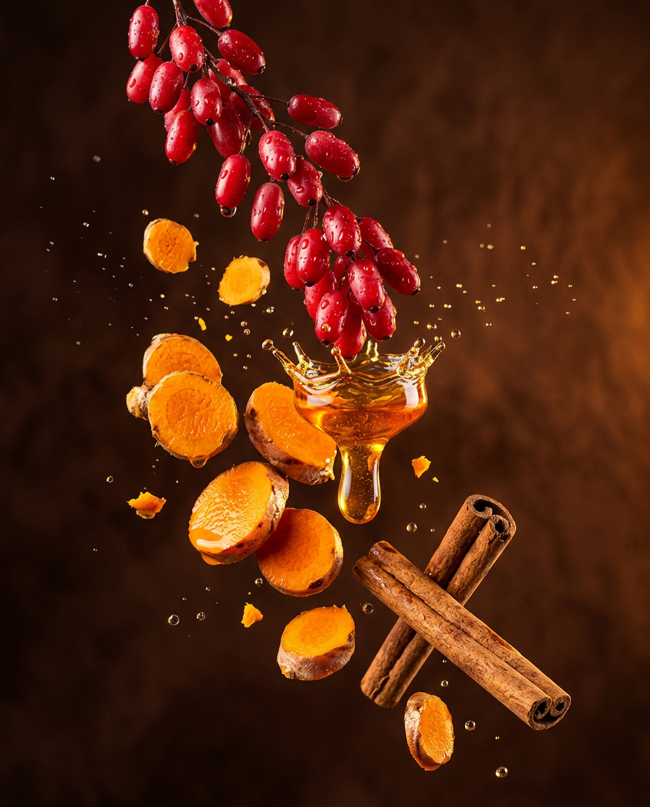 Glossy red barberries, sliced turmeric, cinnamon sticks and a golden drop splashing against a deep chocolate backdrop