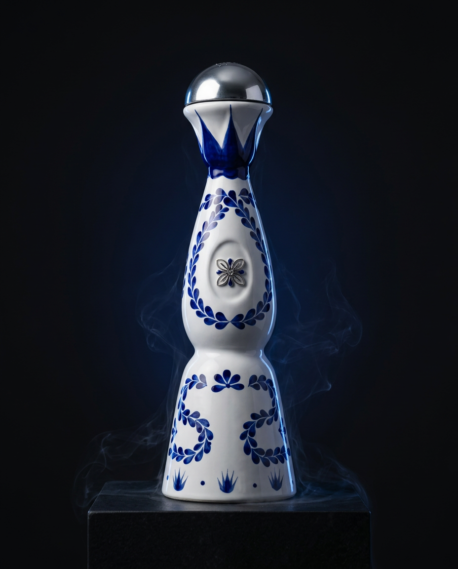 Blue Brian sobre un pedestal negro, con luz azul cobalto y humo suave