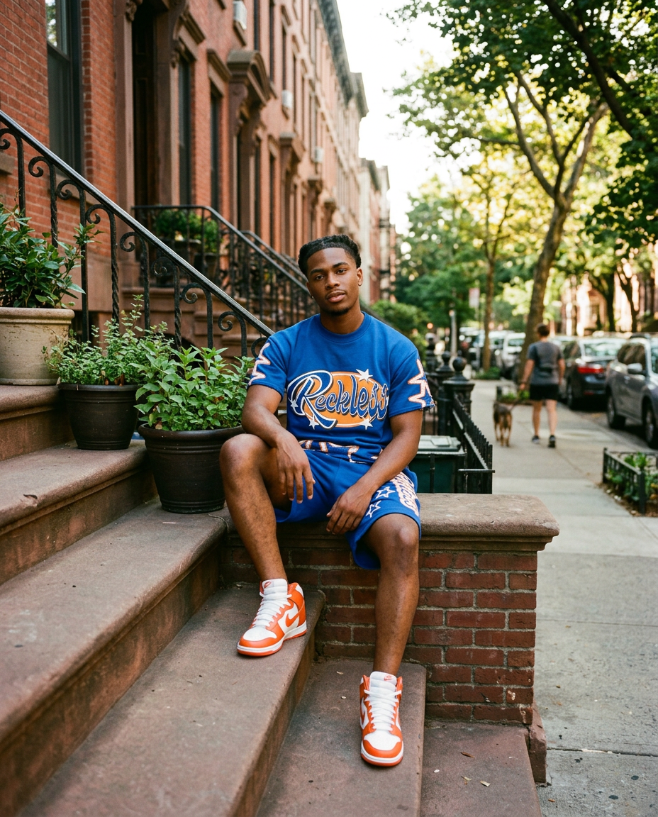 Man in a matching royal blue tee and shorts set sitting on a brownstone stoop