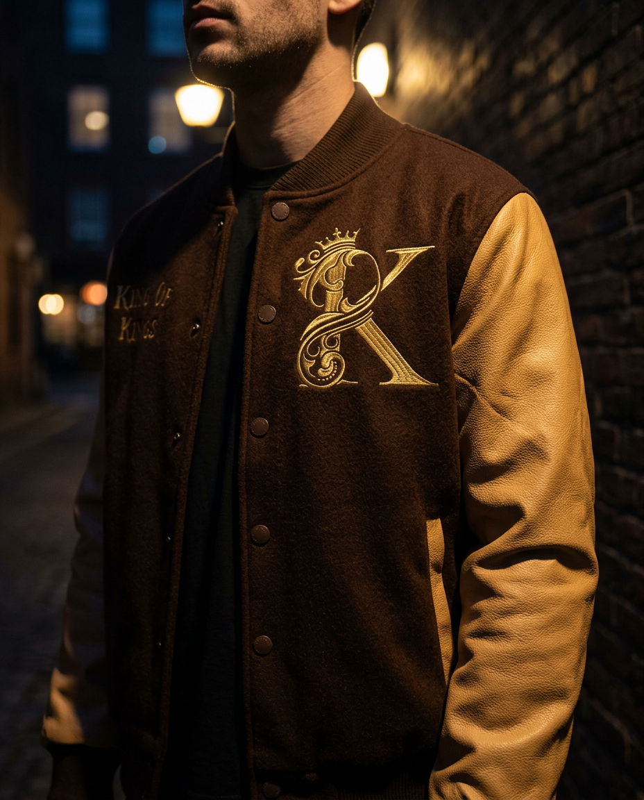 Close-up of a brown King of Kings varsity jacket with gold crown embroidery against a brick wall at night
