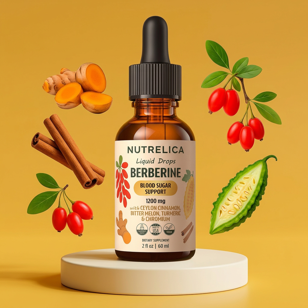 Berberine Liquid Formula with Ceylon Cinnamon, Bitter Melon, Turmeric & Chromium bottle on a pedestal surrounded by its botanicals