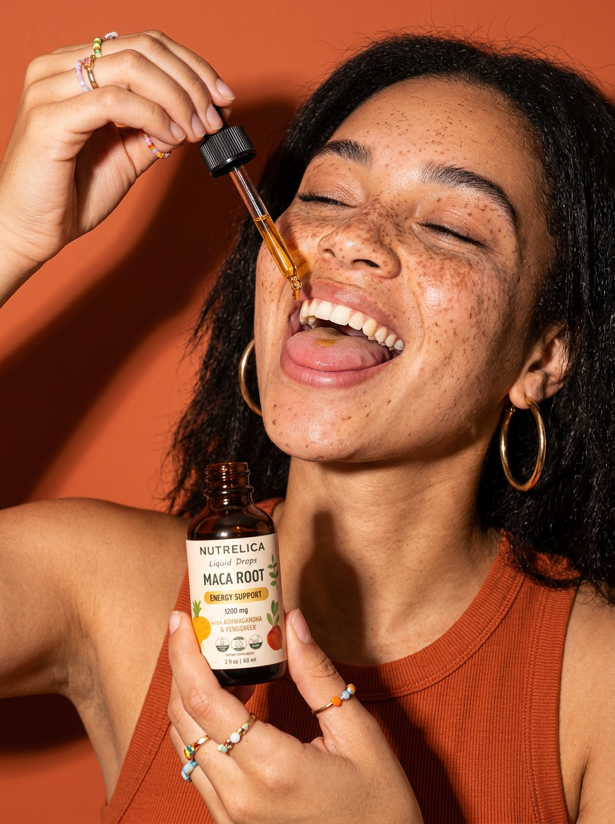 A smiling woman squeezing NUTRELICA Maca Root drops from the dropper directly onto her tongue