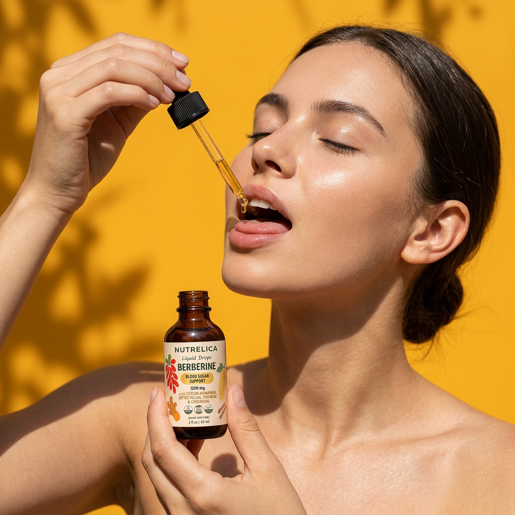 Woman taking Berberine Liquid Formula with Ceylon Cinnamon, Bitter Melon, Turmeric & Chromium straight from the dropper while holding the bottle
