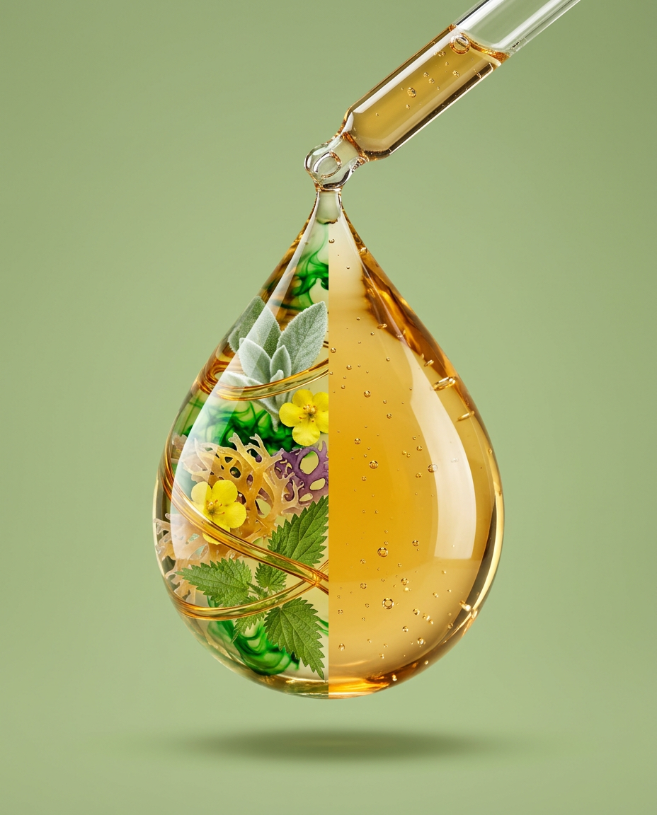 Glass dropper releasing a golden drop of Mullein, half filled with its key ingredients