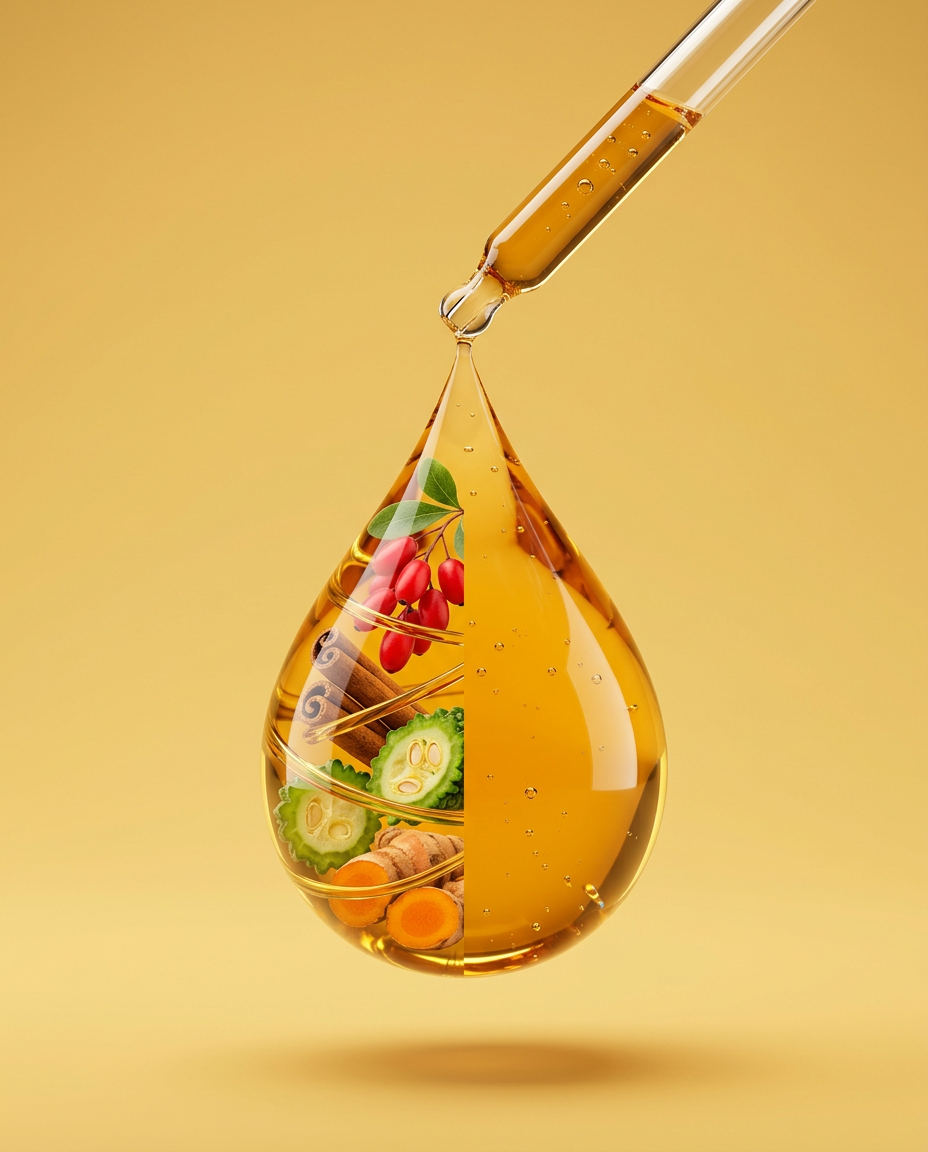 Glass dropper releasing a golden drop of Berberine, half filled with its key ingredients