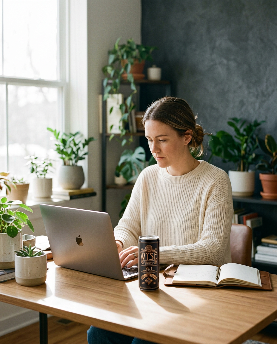 A person working calmly at a sunlit desk with a Wyse can beside their notebook