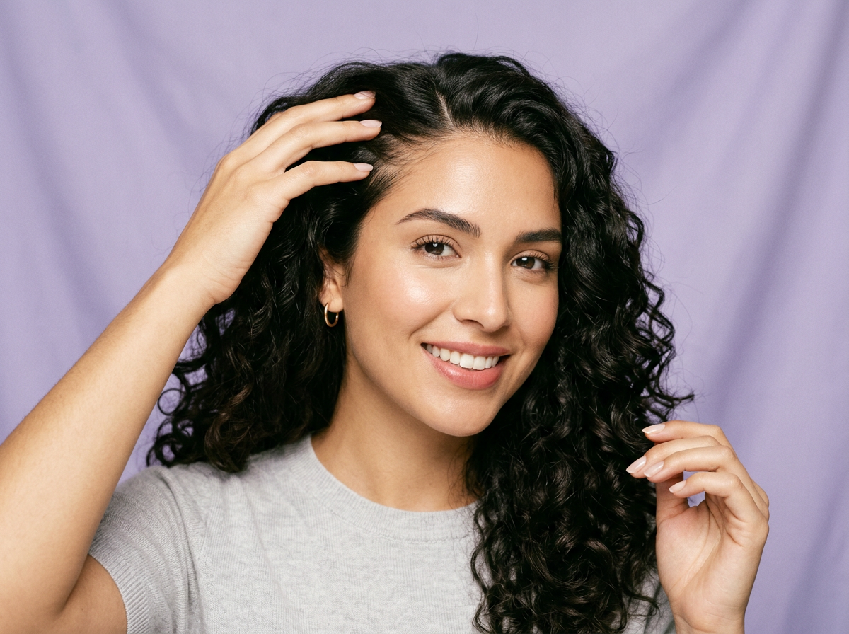 Mujer sonriendo tocando la raíz de su cabello abundante