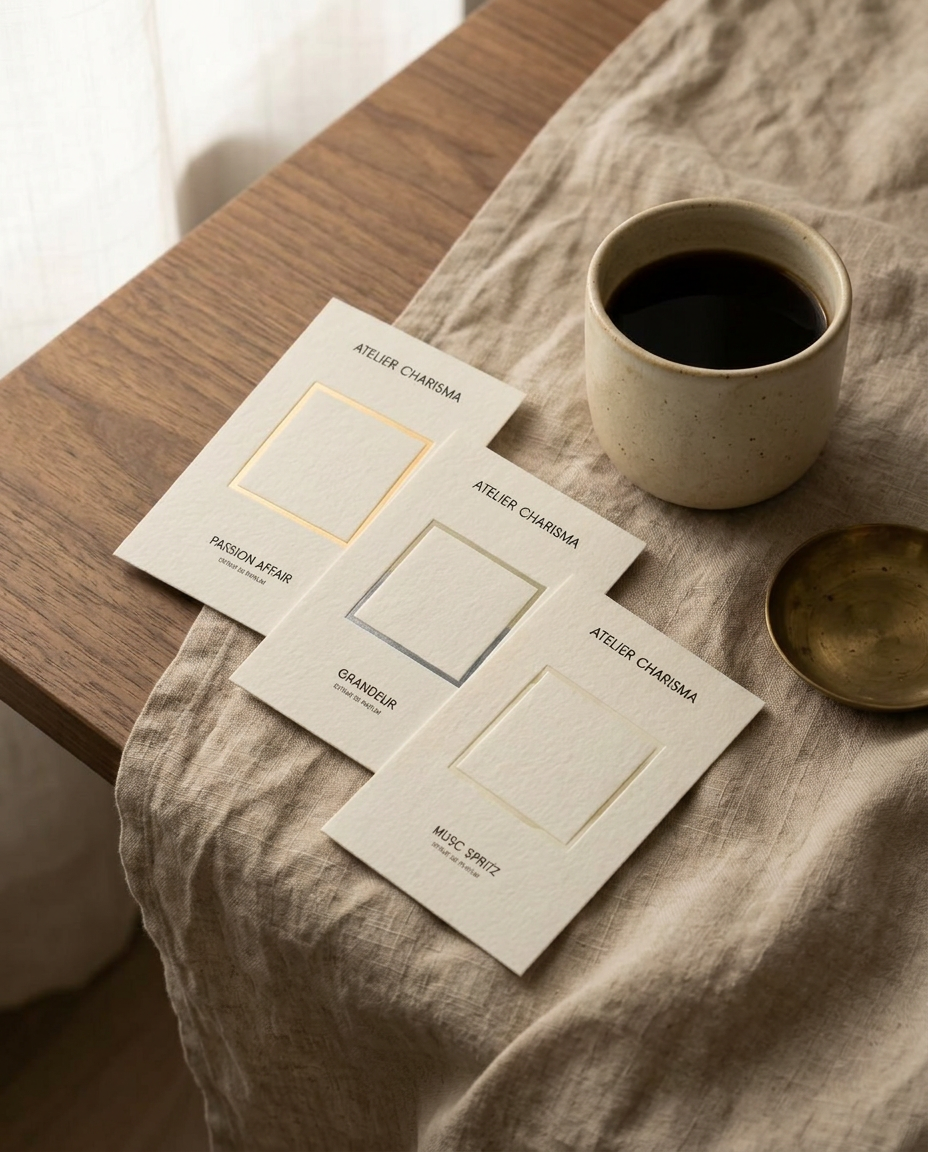 Three ivory scent cards fanned on natural linen beside a cup of coffee in morning light