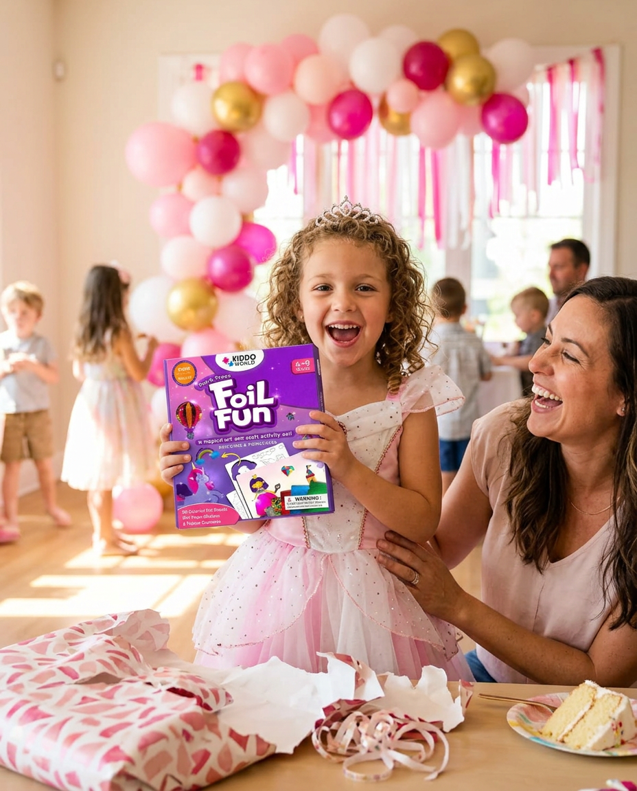 Kislány egy születésnapi bulin boldogan tartja a kibontott Foil Fun Unikornisok és hercegnők készletet, mellette az anyukája nevet