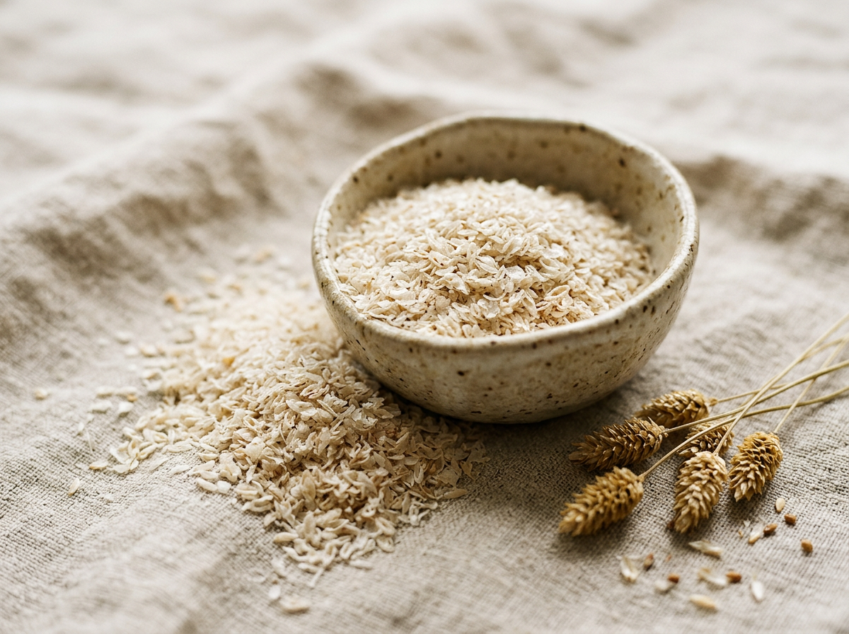 Psyllium husk flakes in a rustic ceramic bowl