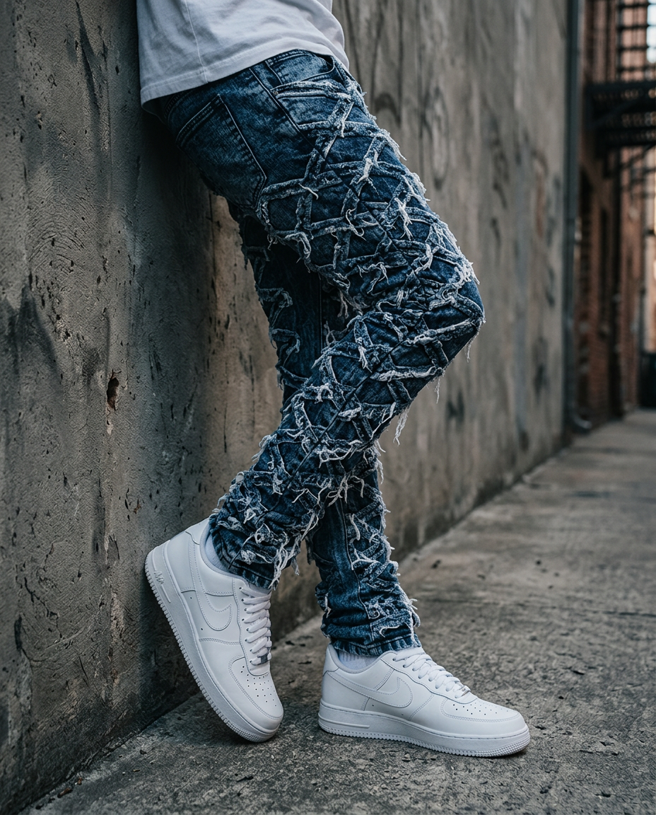 Distressed stacked jeans with white sneakers against a concrete wall