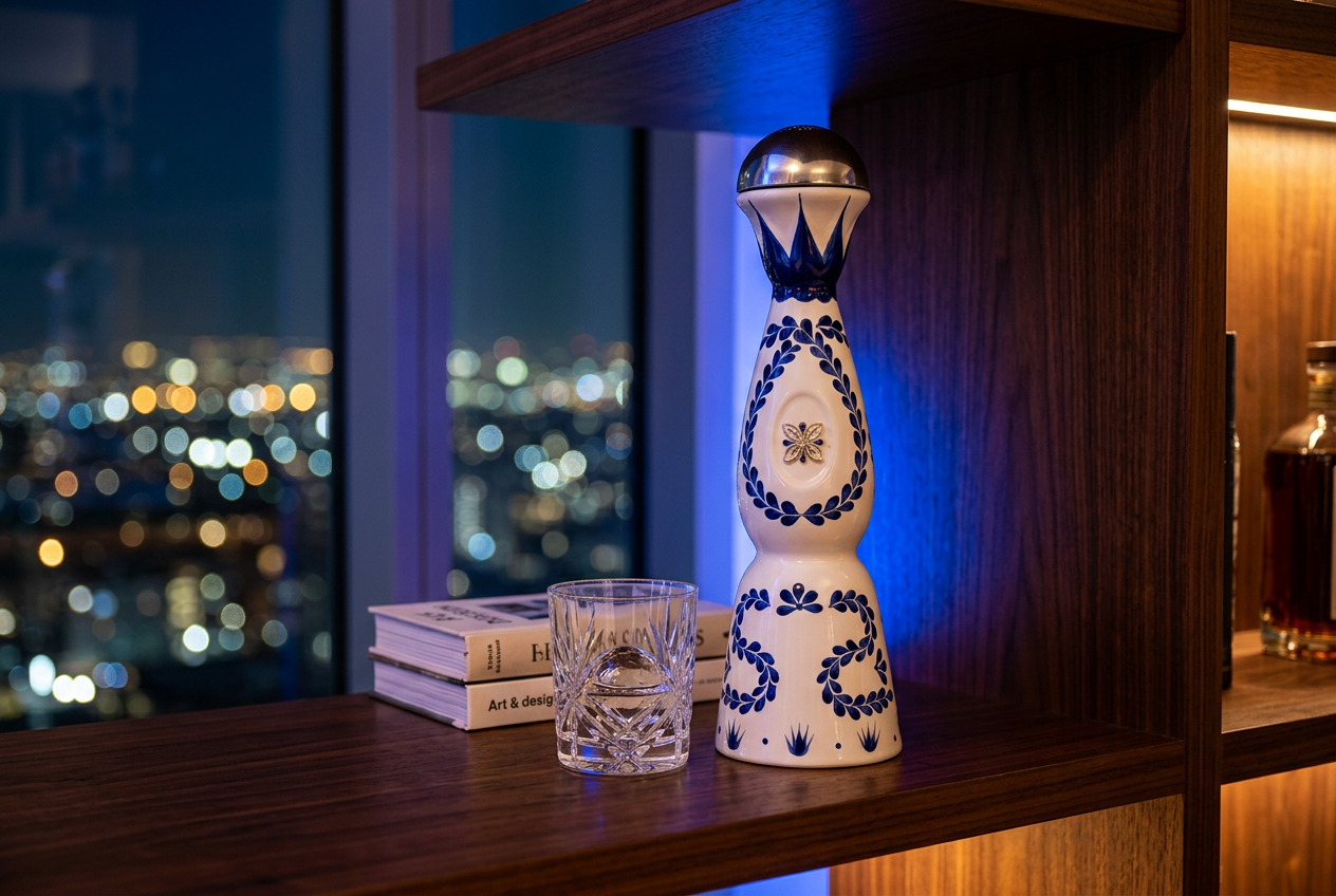 Blue Brian en una repisa de nogal de noche, junto a un vaso de cristal y la ciudad iluminada al fondo