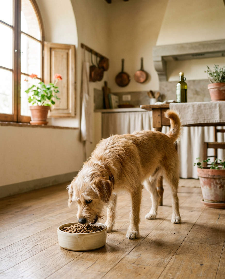 Un cane felice che mangia le crocchette dalla sua ciotola