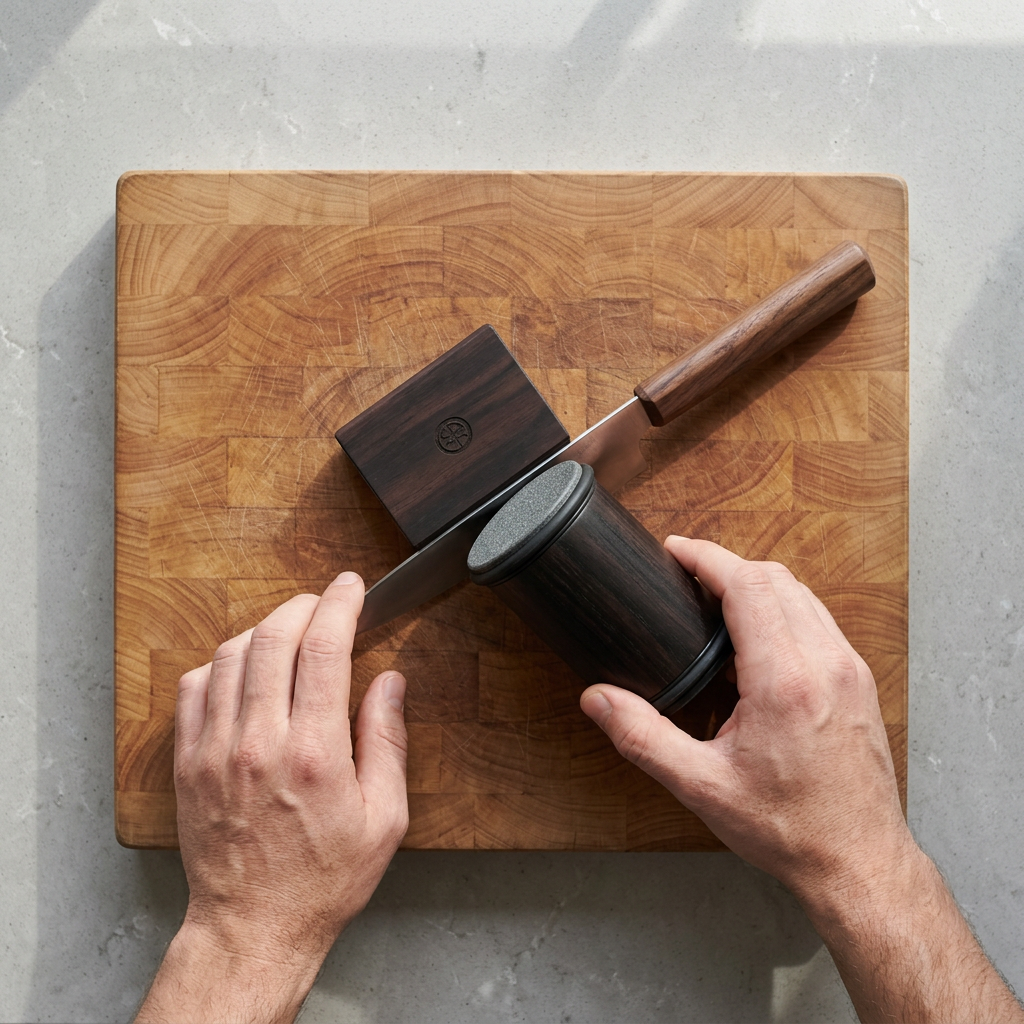 Overhead view of hands rolling the Ebony Tumbler Pro along the edge of a walnut-handled chef's knife on an end-grain wooden cutting board