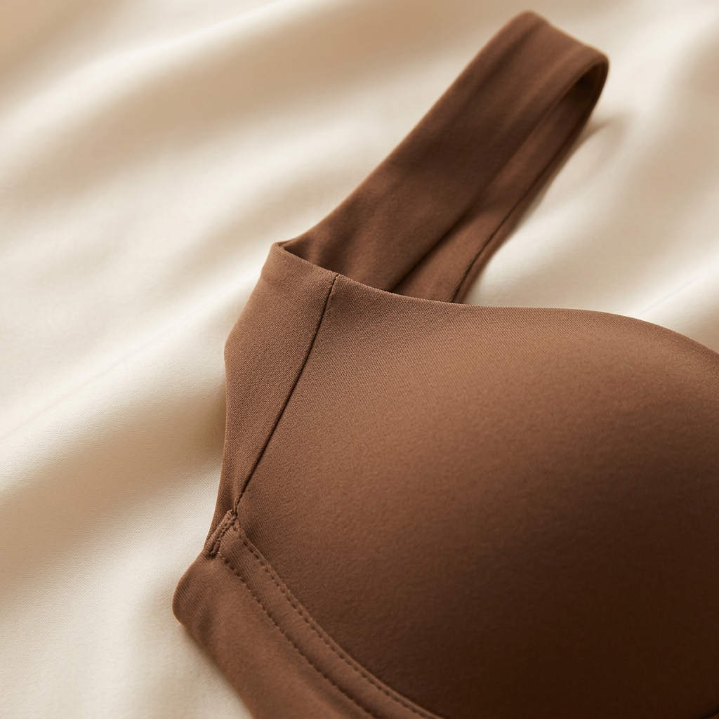 Close-up of the bra's smooth bonded fabric edge and soft wide strap