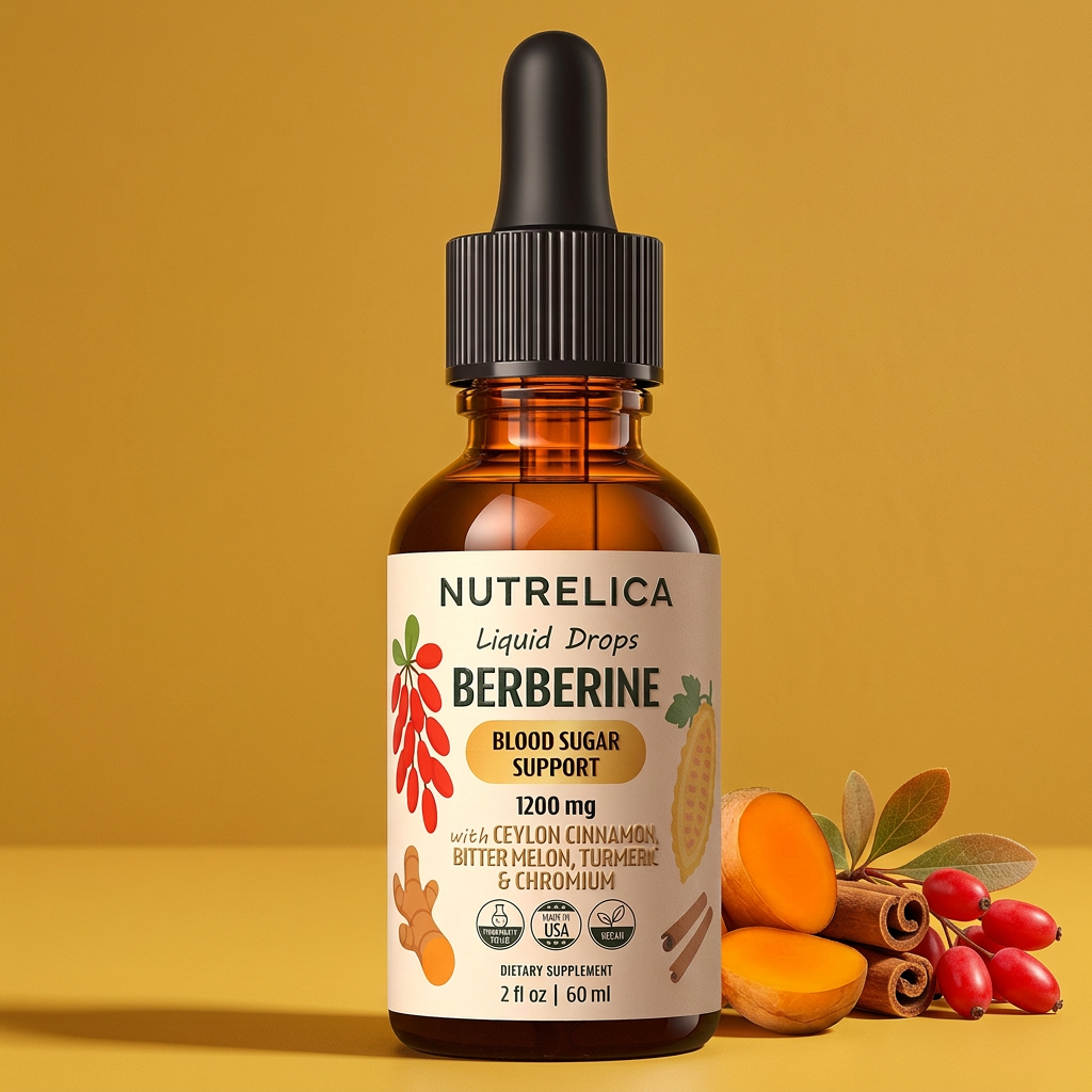 Berberine Liquid Formula with Ceylon Cinnamon, Bitter Melon, Turmeric & Chromium bottle with its botanicals — zero sugar, zero alcohol, no pills