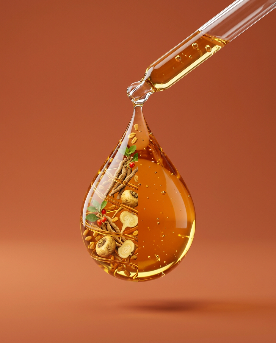 Glass dropper releasing a golden drop of Maca Root, half filled with its key ingredients