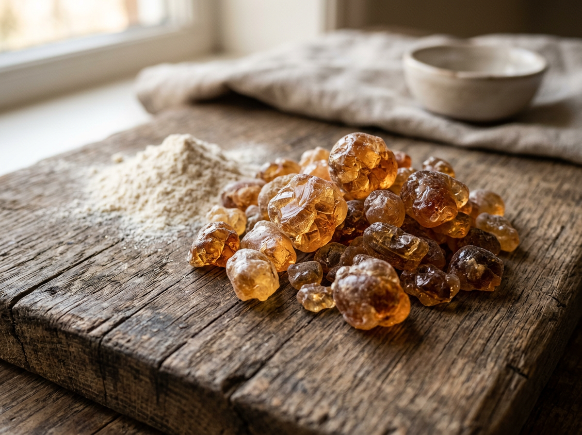 Amber acacia gum pieces beside a heap of acacia fibre powder