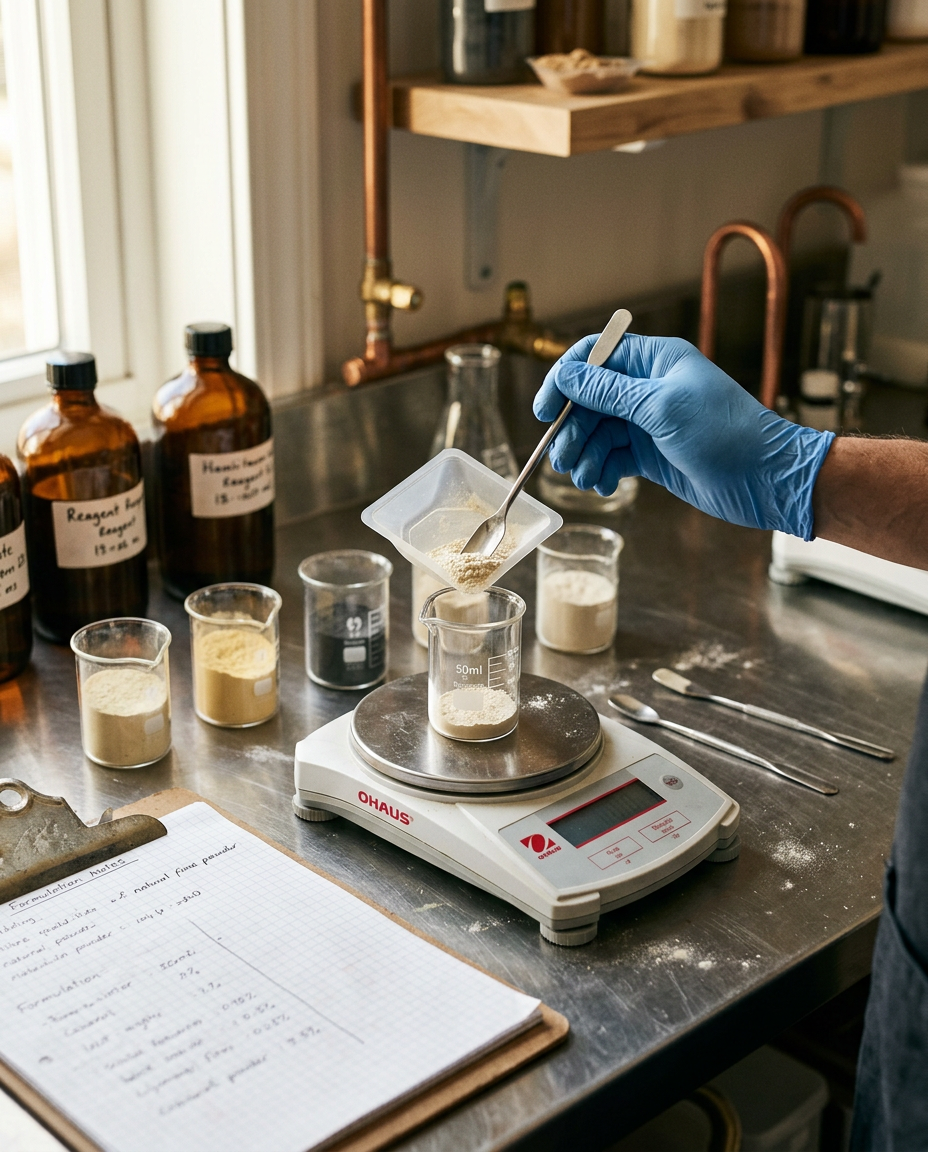 Ingredient powders being weighed on a precision scale in a formulation lab